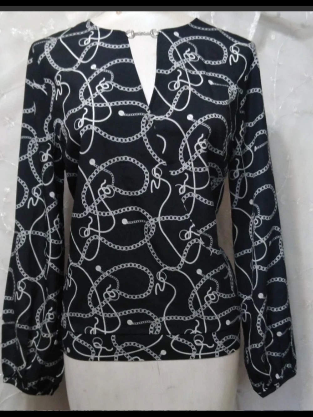 Marc New York Black Long-Sleeve Chain-Print Blouse
